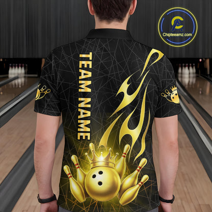 Black and Gold Flame Bowling Shirts For Men Custom Bowling Team League Jersey, Gift For Bowler NQS10439