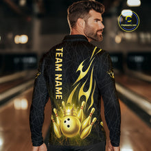 Load image into Gallery viewer, Black and Gold Flame Bowling Shirts For Men Custom Bowling Team League Jersey, Gift For Bowler NQS10439