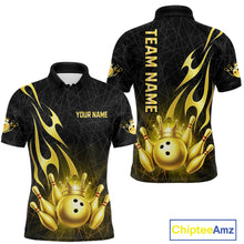 Load image into Gallery viewer, Black and Gold Flame Bowling Shirts For Men Custom Bowling Team League Jersey, Gift For Bowler NQS10439