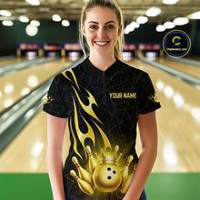 Load image into Gallery viewer, Black and Gold Flame Bowling Shirts For Women Custom Bowling Team League Jersey, Gift For Bowler NQS10439