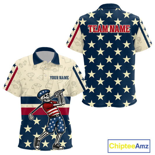 Funny Skull golfer vintage American Flag Custom patriotic golf polo shirts for Kid, golfing gifts NQS9964