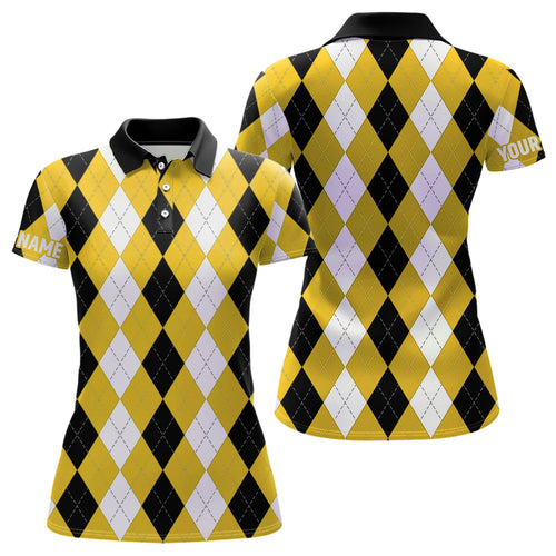 Womens golf polo shirt custom yellow argyle plaid pattern golf attire for women NQS8044