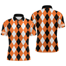 Load image into Gallery viewer, Mens golf polo shirt custom orange argyle plaid pattern golf attire for men NQS8045