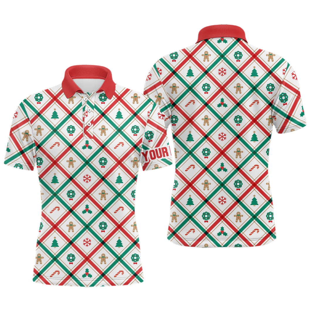 Red, white and green argyle Christmas pattern Mens golf polo shirts custom team golf attire for men NQS8934