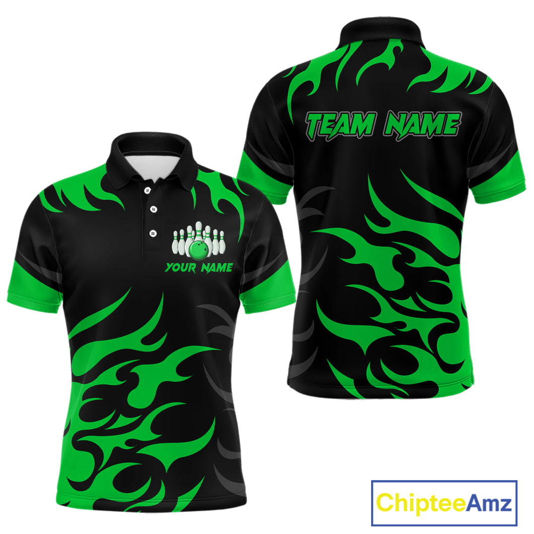 Black and Green Flame Bowling shirts for Men Custom team bowling jerseys, mens bowling apparel NQS10268