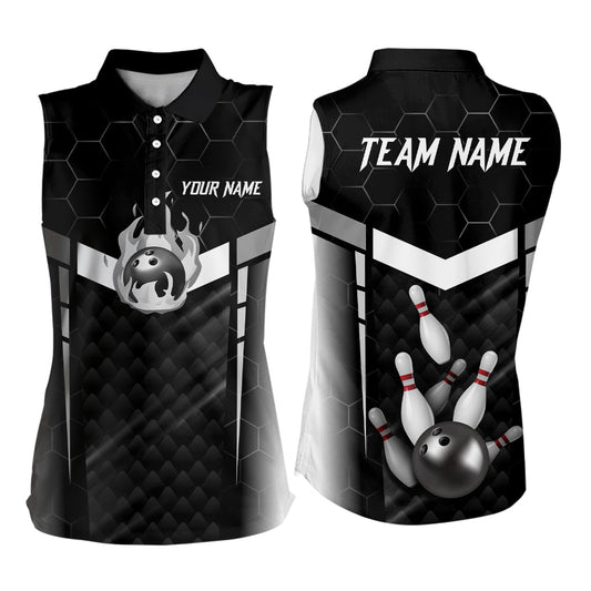 Personalized Bowling Sleeveless Polo Shirt For Women Custom Bowling Team Jerseys | Black NQS8479