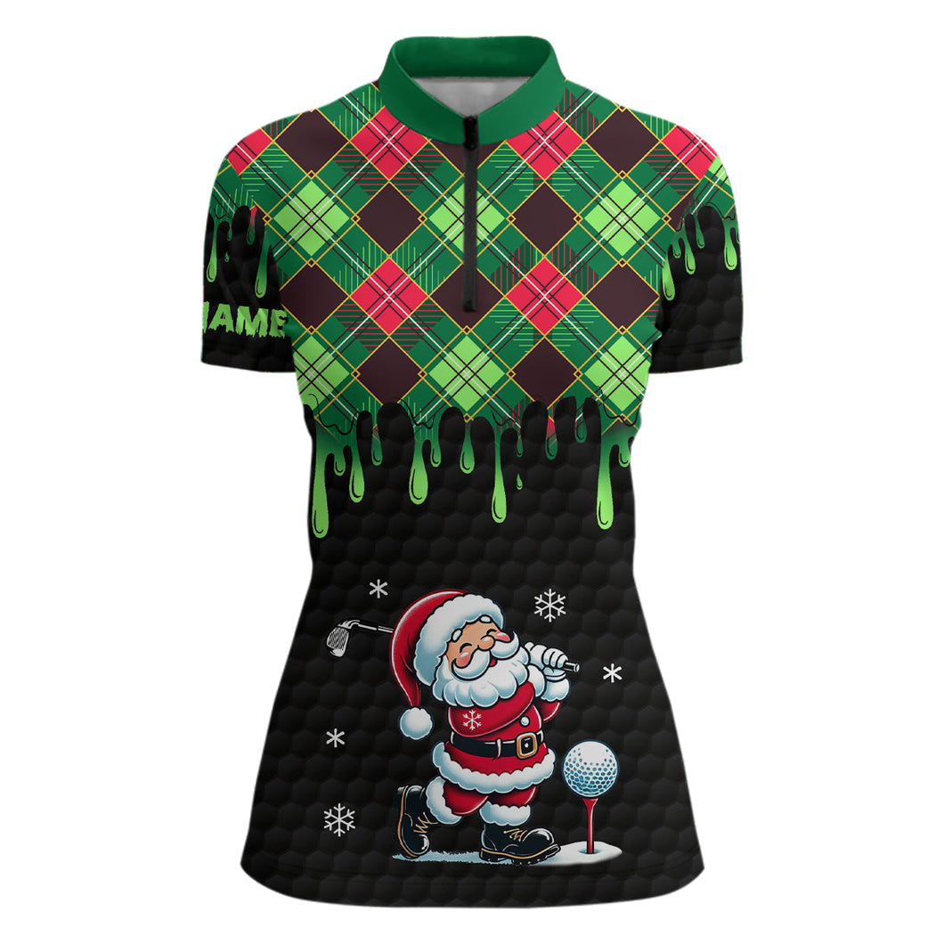 Green argyle Christmas pattern Santa Golfer Women Quarter Zip shirt custom black ladies golf attire NQS8948