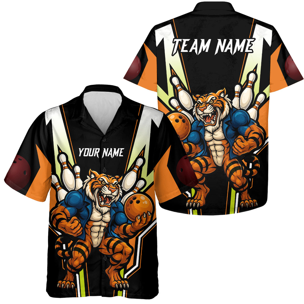 Black and Orange Tiger Team Hawaiian Bowling Jerseys Custom Tiger Bowling Button Up Shirt NQS11063