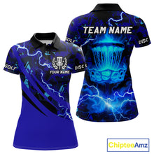 Load image into Gallery viewer, Blue Camo Lightning Thunder Womens Disc golf polo shirts, team disc golf jersey custom NQS11066