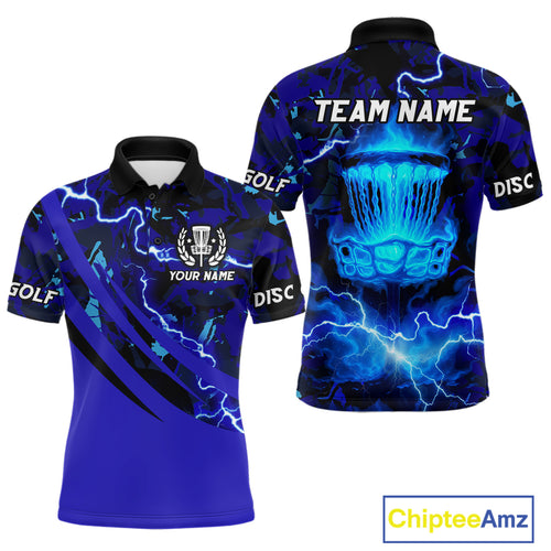 Blue Camo Lightning Thunder Mens Disc golf polo shirts, team disc golf jersey custom NQS11066