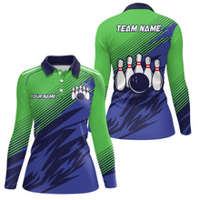 Load image into Gallery viewer, Green And Blue Camo Bowling Polo, 1/4 Quarter Zip Shirts For Women, Custom Name Bowling Team Jerseys NQS7846