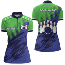 Load image into Gallery viewer, Green And Blue Camo Bowling Polo, 1/4 Quarter Zip Shirts For Women, Custom Name Bowling Team Jerseys NQS7846