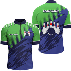 Green And Blue Camo Bowling Polo, 1/4 Quarter Zip Shirts For Men, Custom Name Bowling Team Jerseys NQS7846