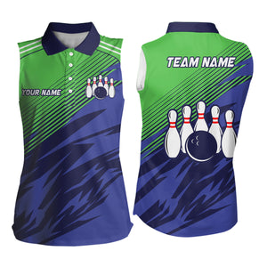 Green And Blue Camo Bowling Sleeveless Polo Shirt For Women, Custom Name Bowling Team Jerseys NQS7846