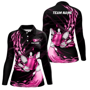 Black Womens bowling shirts Custom Pink flame Bowling ball and pins Team league bowler Jerseys NQS8483