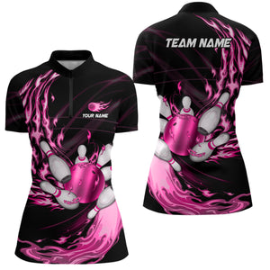 Black Womens bowling shirts Custom Pink flame Bowling ball and pins Team league bowler Jerseys NQS8483