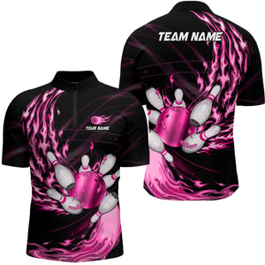 Black Mens bowling shirts Custom Pink flame Bowling ball and pins Team league bowler Jerseys NQS8483