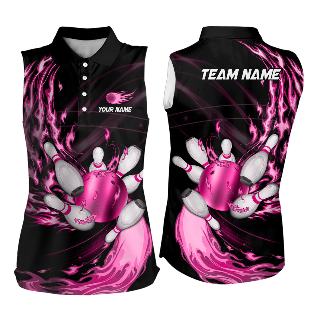 Black Bowling Sleeveless Polo shirt Custom Pink flame Bowling ball and pins Team league bowler Jerseys NQS8483