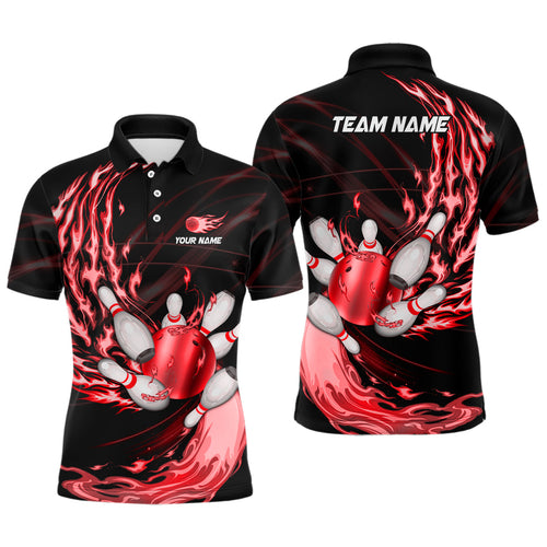 Black Mens bowling shirts Custom Red flame Bowling ball and pins Team league bowler Jerseys NQS8484