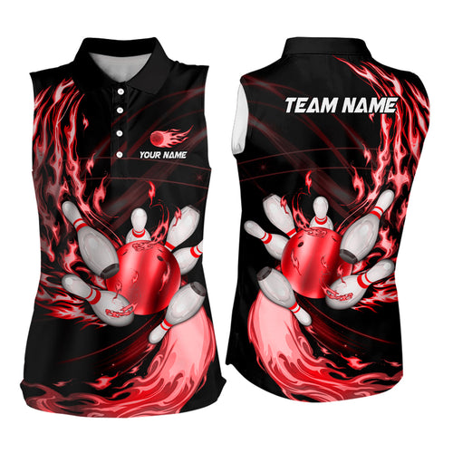 Black Bowling Sleeveless Polo shirt Custom Red flame Bowling ball and pins Team league bowler Jerseys NQS8484
