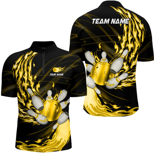 Black Mens bowling shirts Custom Yellow flame Bowling ball and pins Team league bowler Jerseys NQS8485
