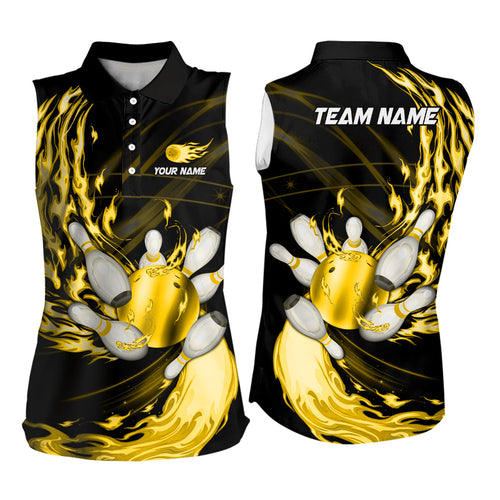 Black Bowling Sleeveless Polo shirt Custom Yellow flame Bowling ball pins Team league bowler Jerseys NQS8485