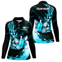 Load image into Gallery viewer, Black Womens bowling shirts Custom Cyan Blue flame Bowling ball and pins Team league bowler Jerseys NQS8486