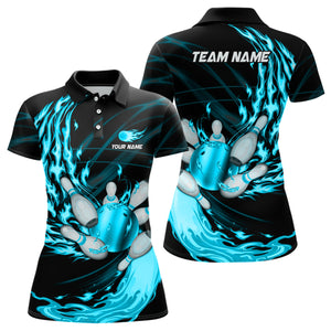 Black Womens bowling shirts Custom Cyan Blue flame Bowling ball and pins Team league bowler Jerseys NQS8486