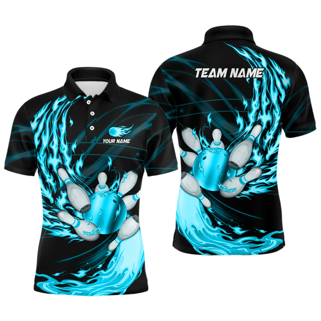 Black Mens bowling shirts Custom Cyan Blue flame Bowling ball and pins Team league bowler Jerseys NQS8486