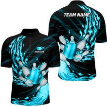 Load image into Gallery viewer, Black Mens bowling shirts Custom Cyan Blue flame Bowling ball and pins Team league bowler Jerseys NQS8486