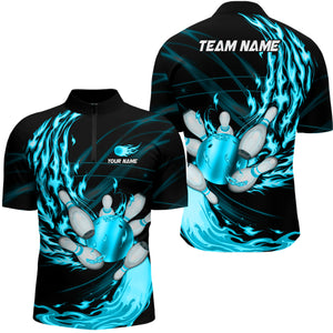 Black Mens bowling shirts Custom Cyan Blue flame Bowling ball and pins Team league bowler Jerseys NQS8486