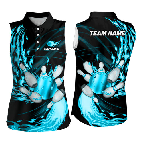 Black Bowling Sleeveless Polo shirt Custom Cyan Blue flame Bowling ball pins Team league bowler Jersey NQS8486