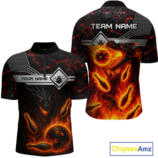 Black And Red Flame Custom Dragon Bowling Shirts For Men, Bowling League Shirts NQS11070