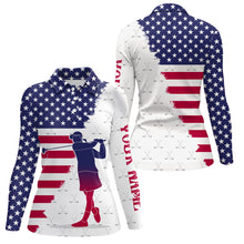 Load image into Gallery viewer, Red, White &amp; Blue American Flag Women Golf Polo Shirts Custom patriotic golf attire for ladies NQS9203