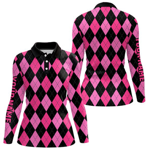 Womens golf polo shirts custom pink and black argyle plaid pattern golf attire for ladies NQS7646