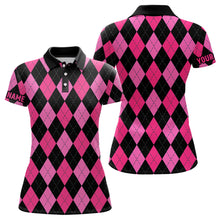 Load image into Gallery viewer, Womens golf polo shirts custom pink and black argyle plaid pattern golf attire for ladies NQS7646