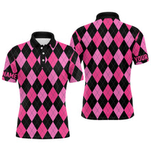 Load image into Gallery viewer, Mens golf polo shirts custom pink and black argyle plaid pattern golf attire for men NQS7646