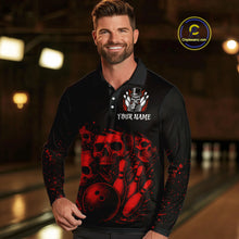 Load image into Gallery viewer, Black and Red Flame Skull Bowling Polo, Quarter Zip Shirts For Men Custom Skull Bowling Team Jerseys NQS9985