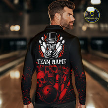 Load image into Gallery viewer, Black and Red Flame Skull Bowling Polo, Quarter Zip Shirts For Men Custom Skull Bowling Team Jerseys NQS9985