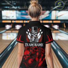 Load image into Gallery viewer, Black and Red Flame Skull Bowling Polo, Quarter Zip Shirts For Women Custom Skull Bowling Team Jerseys NQS9985