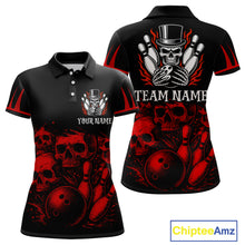 Load image into Gallery viewer, Black and Red Flame Skull Bowling Polo, Quarter Zip Shirts For Women Custom Skull Bowling Team Jerseys NQS9985