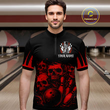 Load image into Gallery viewer, Black and Red Flame Skull Bowling Polo, Quarter Zip Shirts For Men Custom Skull Bowling Team Jerseys NQS9985