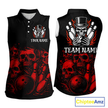 Load image into Gallery viewer, Black and Red Flame Skull Bowling sleeveless polo Shirt For Women Custom Skull Bowling Team Jerseys NQS9985