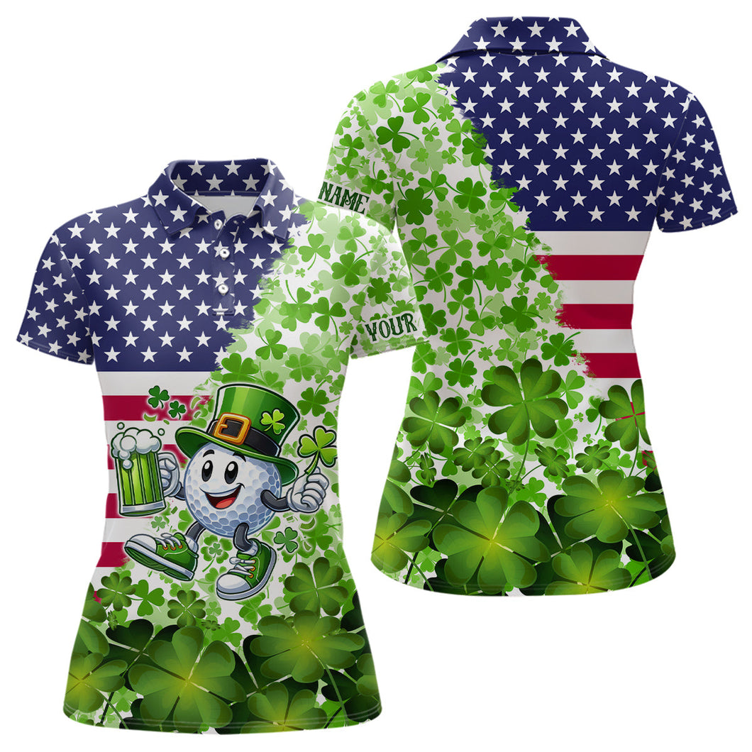 American flag St Patrick day shamrock golf pattern custom Women golf polo shirts, golf outfits ladies NQS9580