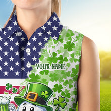 Load image into Gallery viewer, American flag St Patrick day shamrock pattern custom Women sleeveless polo shirt, golf outfits ladies NQS9580