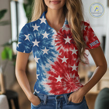 Load image into Gallery viewer, American Flag Tie dye pattern Womens golf polo shirt custom patriotic golf attire for ladies NQS9990