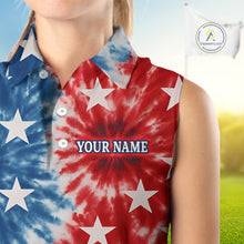 Load image into Gallery viewer, American Flag Tie dye pattern Womens sleeveless golf polo shirt custom patriotic golf attire for ladies NQS9990
