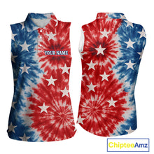 Load image into Gallery viewer, American Flag Tie dye pattern Womens sleeveless golf polo shirt custom patriotic golf attire for ladies NQS9990