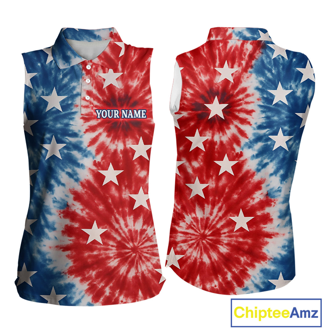 American Flag Tie dye pattern Womens sleeveless golf polo shirt custom patriotic golf attire for ladies NQS9990