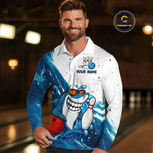 Load image into Gallery viewer, White and Blue Camo Shark Bowling polo, quarter zip shirts for Men Custom funny bowling team shirts NQS10280